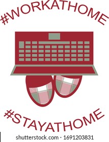 Vektorillustration eines Laptops und Hausschuhe, mit den Worten arbeiten zu Hause und bleiben zu Hause, für soziale Netzwerke, Banner, Poster, Postkarten
