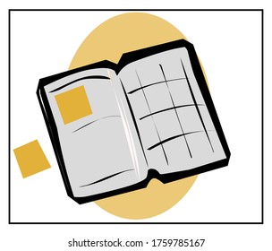 Vector image of a laptop, mugs with coffee, cocoa, a flower in a pot, notebooks, pens, stickers. Isolated images for a set about desktop accessories, laptop, notebook, work at the table.