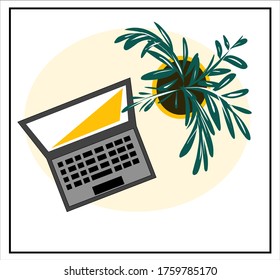 Vector image of a laptop, mugs with coffee, cocoa, a flower in a pot, notebooks, pens, stickers. Isolated images for a set about desktop accessories, laptop, notebook, work at the table.