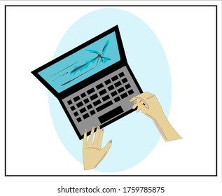 Vector image of a laptop, mugs with coffee, cocoa, a flower in a pot, notebooks, pens, stickers. Isolated images for a set about desktop accessories, laptop, notebook, work at the table.