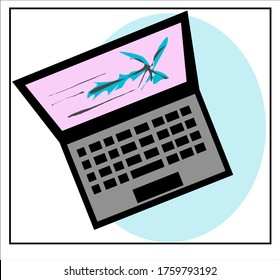 Vector image of a laptop, mugs with coffee, cocoa, a flower in a pot, notebooks, pens, stickers. Isolated images for a set about desktop accessories, laptop, notebook, work at the table.