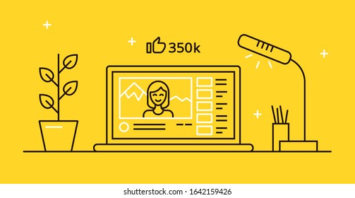 Vector image of a laptop with a video channel open on it. Flat illustration for video blogging. Linear icon for a successful travel vlog. Picture of a cozy workplace.