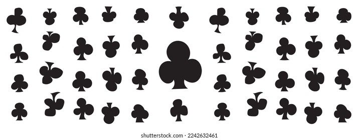 vector image of a large number of Black Clubs icon in random shapes, random backrgound pattern.