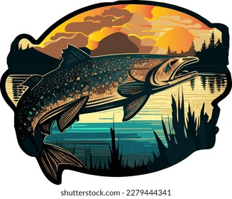Vector image of large salmon on background of reservoir..