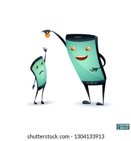 Vector image. A large tablet takes a coin from a small phone. Two cartoon phone characters and money.