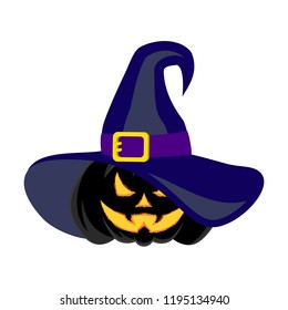 Vector image of the laughing pumpkin in a hat on a white background. Cheerful Jack in a witch hat. Happy Halloween. Holiday October 31. Vector color illustration.