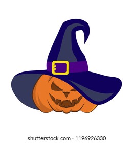 Vector image of the laughing pumpkin in a hat on a white background. Cheerful Jack in a witch hat. Happy Halloween. Holiday October 31. Vector color illustration.