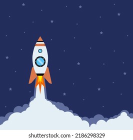 Vector image of launch of rocket starship startup on the starry background.