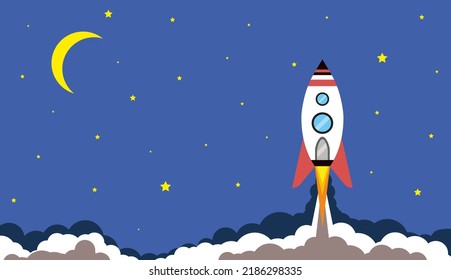 Vector image of launch of rocket starship startup to the Moon.