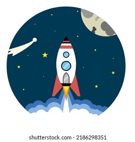 Vector image of launch of rocket starship startup to the Moon.