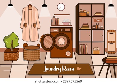 Imagen vectorial de la lavandería: lavadora, detergente, ropa, cesta de ropa, plantas, jabón