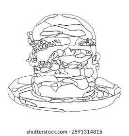 vector image of layered burgers with meat and cheese in abstract style without color, with hand drawn line art, for coloring page