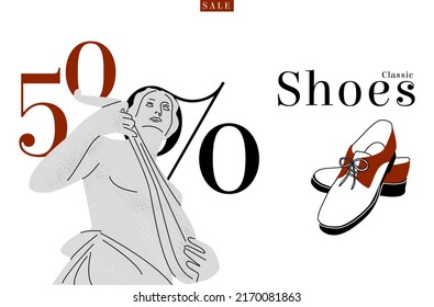 Vector image layout Advertising Shoe store Discount of 50 percent. Sculpture is painted as sign of classics Oxfords or Derby. It can be used in landing page design, signage, discount cards, etc.