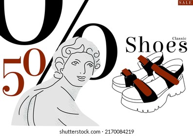 Vector image layout Advertising Shoe store Discount of 50 percent. Sculpture is painted as sign of classics Sandals, birkenstock. It can be used in landing page design, signage, discount cards, etc.