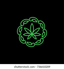 Vector image of a leaf of marijuana. Black and white drawing, monochrome. Isolated picture on white background. Celtic pattern, linear graphics, brevity, logo.