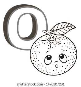 Vector image for learning English alphabet. Picture of funny smiling vegetables and fruits in cartoon style. Letter O. Orange