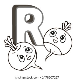 Vector image for learning English alphabet. Picture of funny smiling vegetables and fruits in cartoon style. Letter R. Radish