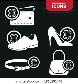 Vector image. Leather objects icons. Icon of men's and women's shoe, a bag, a belt and a leather wallet.