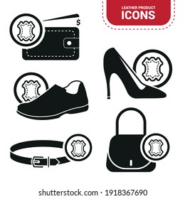 Vector image. Leather objects icons. Icon of men's and women's shoe, a bag, a belt and a leather wallet.