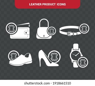 Vector image. Leather objects icons. Icon of men's and women's shoe, a purse, a belt, a watch strap and a leather wallet.