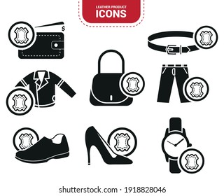 Vector image. Leather objects icons. Icon of men's and women's shoe, a bag, a belt, a jacket, a pants, a watch strap and a leather wallet.