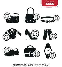 Vector image. Leather objects icons. Icon of men's and women's shoe, a bag, a belt, a jacket, a pants, a
briefcase, a watch strap and a leather wallet.