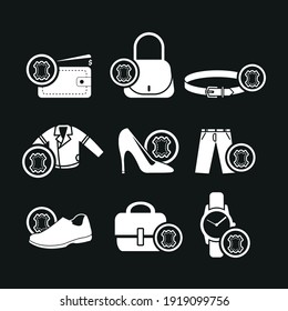 Vector image. Leather objects icons. Icon of men's and women's shoe, a bag, a belt, a jacket, a pants, a
briefcase, a watch strap and a leather wallet.