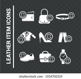 Vector image. Leather objects icons. Icon of men and women's shoe, a bag, a belt, a jacket, a pants, a
briefcase, a watch strap and a leather wallet.