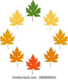 Vector image of leaves with veins in gradation from green to red in a circle  on a transparent background