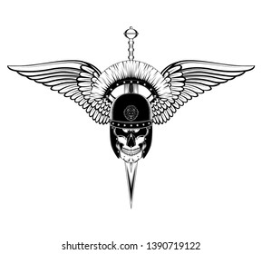 Vector image of a legionnaire skull in a helmet with a sword and wings. Black and white vector image on a white background.