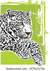 Vector image of a leopard on a green background with leaves and stems of bamboo. Creative illustration on the theme of wildlife and animals