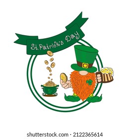 Vector image of a leprechaun and a pot of gold on Valentine's Day, an Irish holiday with clover, coins and beer for a postcard or sticker