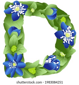 vector image of the letter D of the English alphabet made in the form of flowers and leaves of liverwort in bright blue and green colors