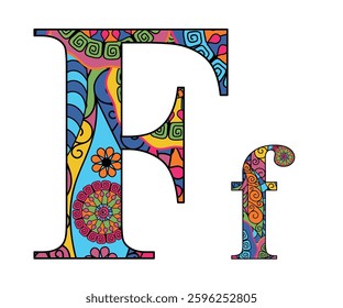 Vector image letter of the English alphabet with colorful vintage hand drawn pattern isolated on transparent background