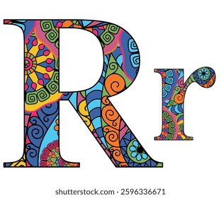 Vector image letter of the English alphabet with colorful vintage hand drawn pattern isolated on transparent background