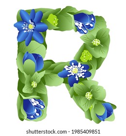 vector image of the letter R of the English alphabet made in the form of flowers and leaves of liverwort in bright blue and green colors