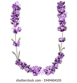 vector image of the letter U of the English alphabet in the form of lavender sprigs in bright colors on a white background