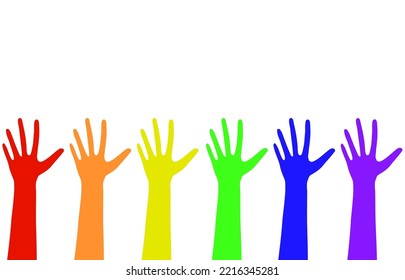 Vector image of the LGBT rainbow hands on the white background.Red, orange, yellow, green, blue, violet colors.