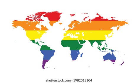 Vector image of a LGBTQ symbol. Rainbow world map, The most widely known worldwide is the pride symbol representing LGBT pride. 