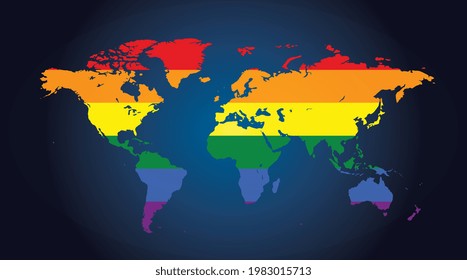 Vector image of a LGBTQ symbol. Rainbow world map, The most widely known worldwide is the pride symbol representing LGBT pride. 