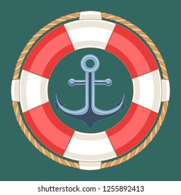 Vector image of a lifebuoy and anchor on a blue background.