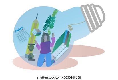 Vector image of a light bulb inside which there is a girl looking for a way out. For the design of websites, applications and wallpapers.