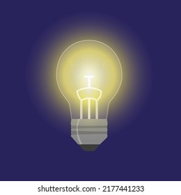 Vector image of a light bulb on. illustration on a purple background. Light glowing effect.
