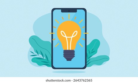 Vector image of a light bulb on a mobile phone screen. Idea, inspiration, work, study. Illuminated light bulb.