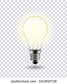 Vector image of a light bulb. Realistic 3d object on a transparent background. The effect of light. The symbol of creativity and ideas.