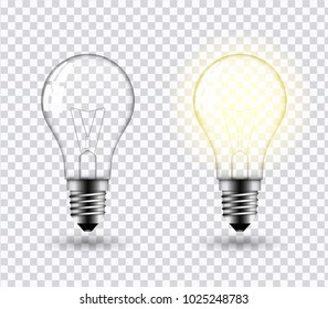 Vector image of a light bulb. Realistic 3d object on a transparent background. The effect of light. The symbol of creativity and ideas.
