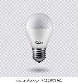 Vector image of a light bulb. Realistic 3d object on a transparent background. The effect of light. The symbol of creativity and ideas. 
