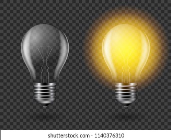 Vector image of a light bulb. Realistic 3d object on a transparent background. The effect of light. The symbol of creativity and ideas. 