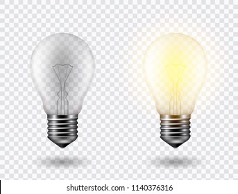 Vector image of a light bulb. Realistic 3d object on a transparent background. The effect of light. The symbol of creativity and ideas. 