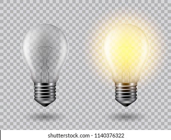 Vector image of a light bulb. Realistic 3d object on a transparent background. The effect of light. The symbol of creativity and ideas. 